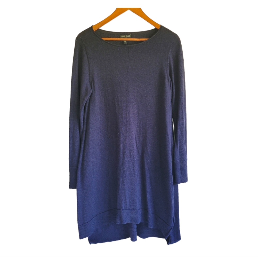 Eileen Fisher 100% Merino Wool Long Sleeve Midi Sweater Dress Navy Blue